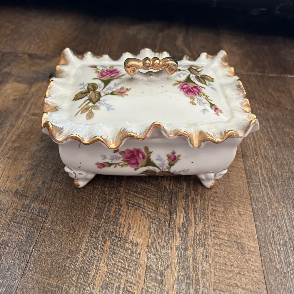 Vintage Tilso Japan Hand Painted  Rose Porcelain Footed Trinket Box Gold Gilt